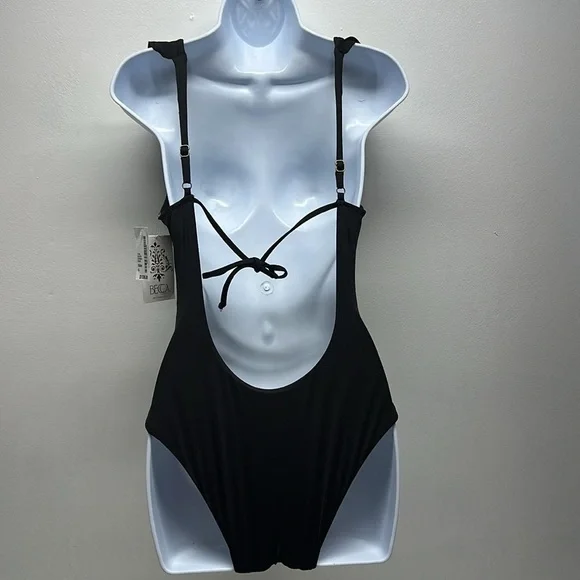 Becca Socialite Swimsuit One Piece V-Neck Ruffled Plunging Black New Size Small - Picture 7 of 12